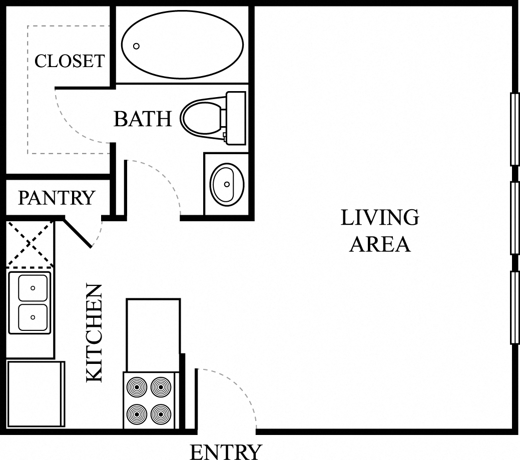 Floor plan for studio, 1 bath, 405 sqft